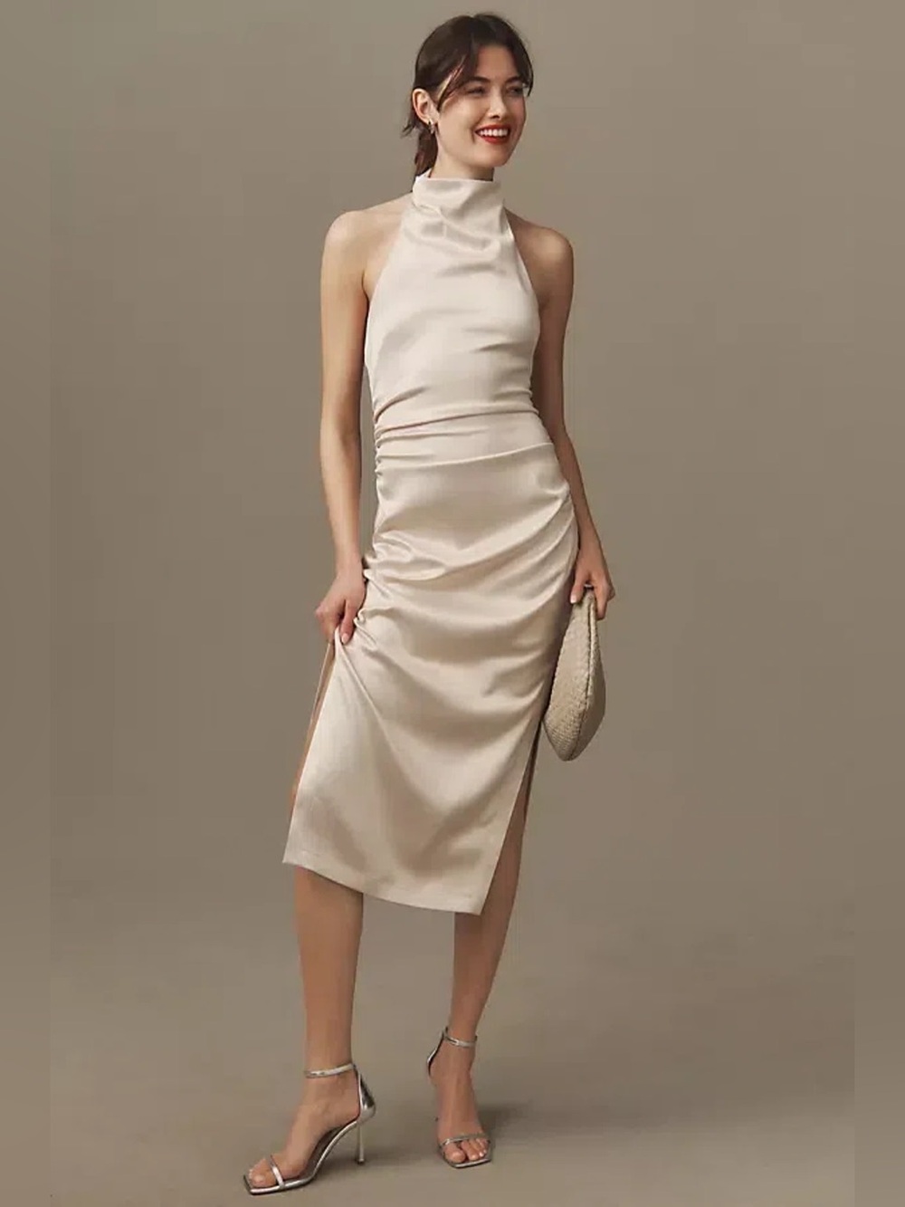 BHLDN Holly‎ Halter Stretch Satin Midi Dress Champagne Medium